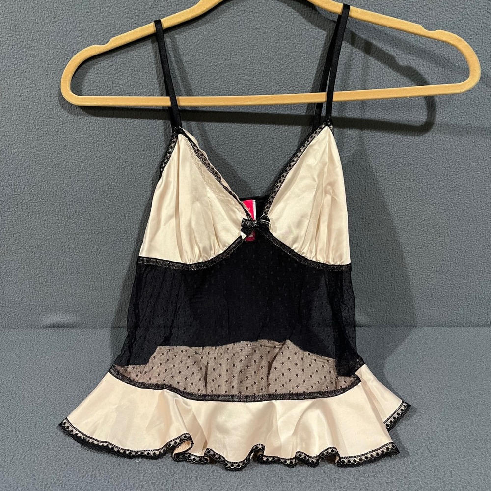 Cosmopolitan Babydoll Camisole Women Medium Champagne Black Lace Mesh Coquette